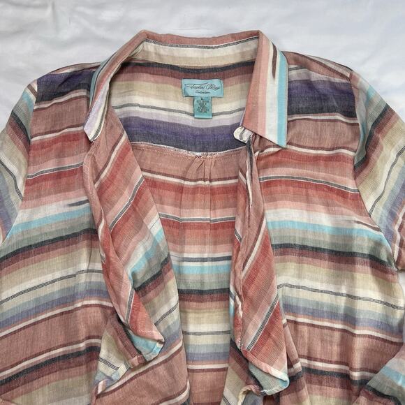 Tasha Polizzi Open Front Top Size XL Pink Serape Stripe Collared Roll-Tab Sleeve - Picture 2 of 11